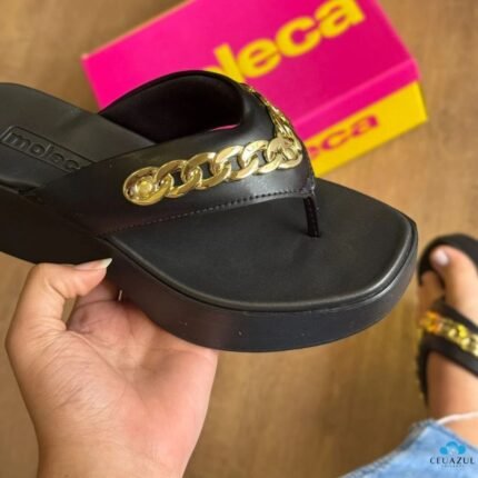 Tamanco Plataforma Moleca Feminino Corrente Dourada Elegância – Preto, 34