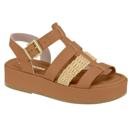 Sandália Moleca Flatform Feminina Salto Baixo Tiras Trançadas Confortável – Camel, 34
