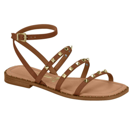 Sandália Vizzano Rasteira Feminina Spikes Dourados Conforto Tiras – Mocca, 34