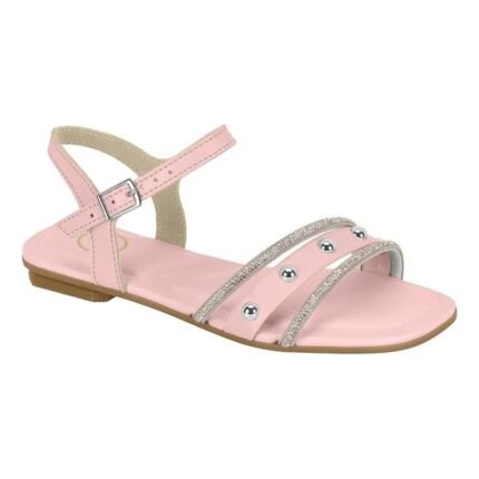 Sandália Molekinha Infantil Menina Rasteira Glitter Spikes Conforto – Rosa Branco Cristal Niquel, 26