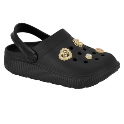 Babuche Clog Molekinha Infantil Menina Confortável com Apliques – Preto 01, 25/26