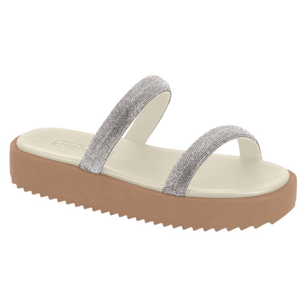 Chinelo Moleca Feminino Slide Tiras Strass Brilho Conforto Original – Branco Cristal Nude, 34
