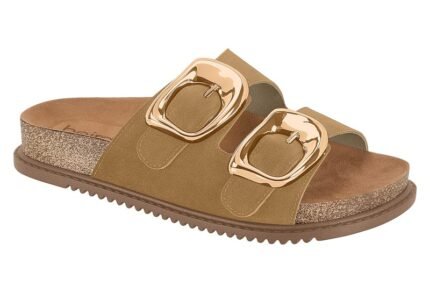 Chinelo Papete Beira Rio Feminino Slide Duas Fivelas Metalizadas Camurça – Tan 1080, 34