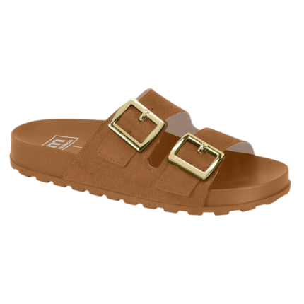 Papete Slide Moleca Feminino Duas Fivelas Camurça Conforto Casual – Camel, 34