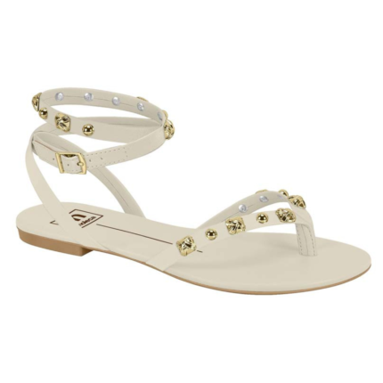 Sandália Moleca Feminina Rasteira Gladiadora Spikes Tiras Conforto – Branco OFF, 34