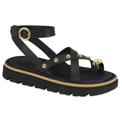 Sandália Moleca Plataforma Rasteira Tratorada Spikes Dourados Conforto – Preto 01, 34