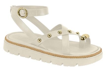 Sandália Moleca Plataforma Rasteira Tratorada Spikes Dourados Conforto – Branco OFF, 34