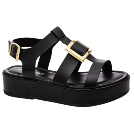Sandália Feminina Moleca Plataforma Flatform Conforto Fivela Dourada – Preto, 34