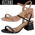 Sandália Feminina Vizzano Salto Medio Bloco Grosso Strass Brilho
