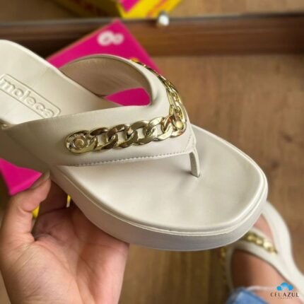Tamanco Plataforma Moleca Feminino Corrente Dourada Elegância – Branco OFF, 34